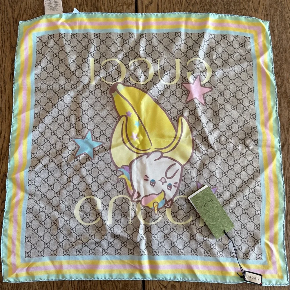 NWT Gucci Multicolor Cat and Banana Scarf - Picture 2 of 7